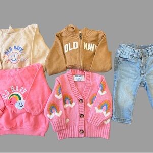 Baby Girl 5-Piece Clothing Bundle | 3 Hoodies, 1 Cardigan, & 1 Jeans | 6-12 Mo.